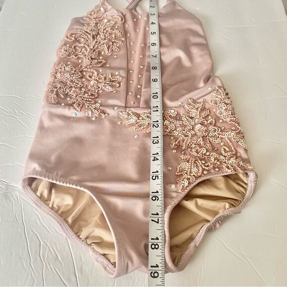 Custom solo custom dance costume leotard blush mauve rhinestone MC med child - Picture 14 of 14
